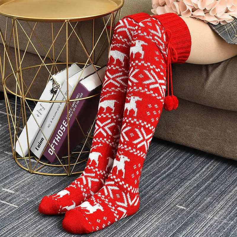 Women Christmas Red Socks Girls Thick Knitted Stockings Ladies Winter Cotton Knit Long Socks Thigh High Over The Knee Socks