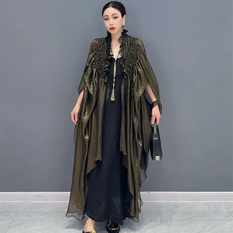 

Elegant Stand Collor Thin Outfit For Summer Irregular Cardigan Green Pleated Long Style Jacket Dress Batwing Sleeve Tops