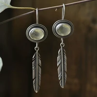 bohemia ethnic feather earrings silver color moonstone drop earrings women female boho fashion jewelry gift for her