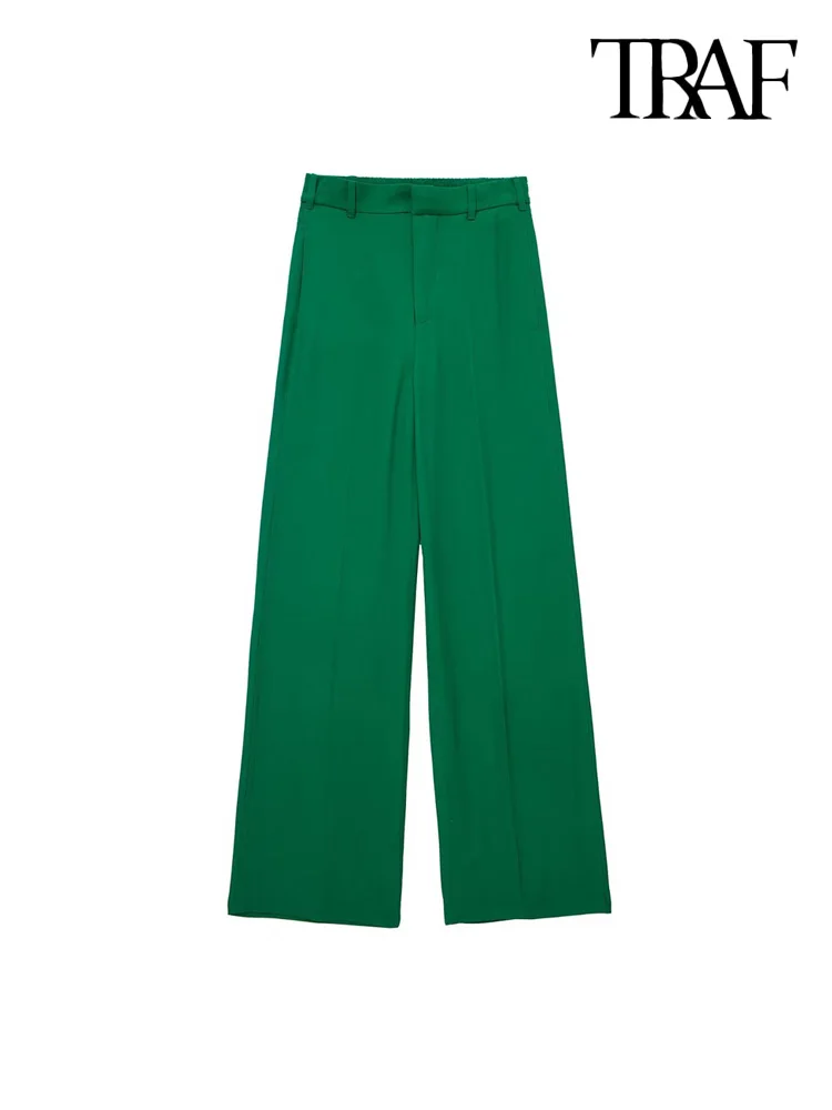 

TRAF Women Fashion Side Pockets Flowy Wide Leg Pants Vintage High Waist Zipper Fly Female Trousers Mujer