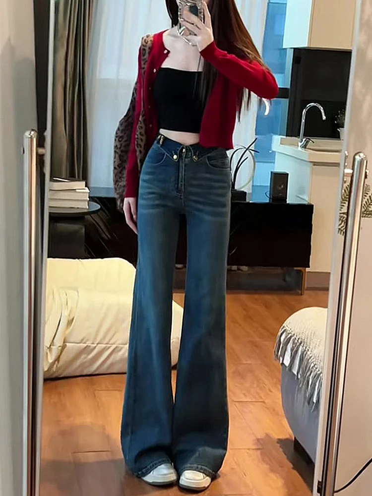 Plus Size High Waist Flanging Micro-Pull Jeans Women 2024 New Winter Small Fleece-lined Retro Wide Leg Flared Trousers