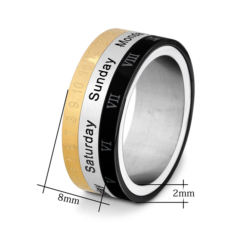 Мужское вращающееся кольцо с календарем для беспокойства времени недели даты
