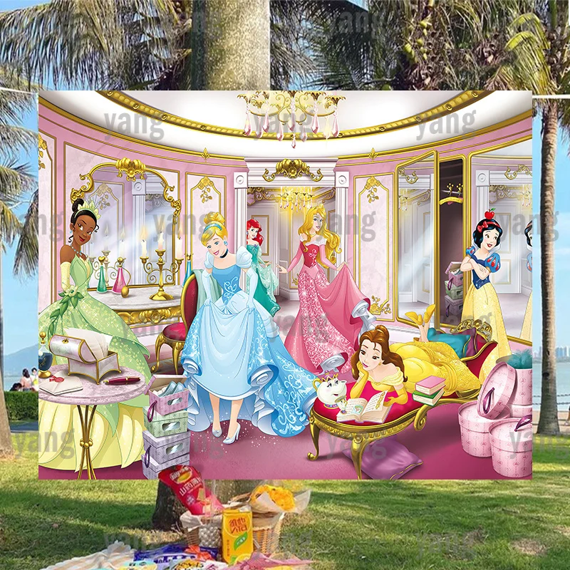 

Disney Castle Wedding Backdrop The Little Mermaid Tangled Rapunzel Princess Happy Birthday Party Background Cloth Baby Shower