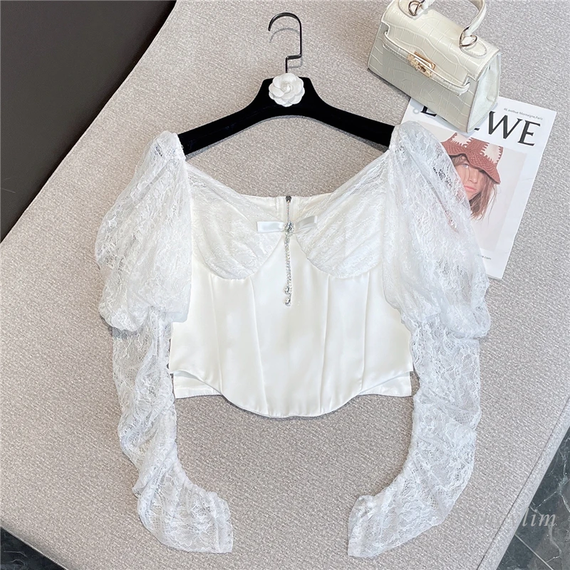 

2022 Summer Elegant White Shirt for Women New Pearl Zipper Irregular Stitching Sexy V-neck Lace Puff Sleeve Top Ladies Blouses