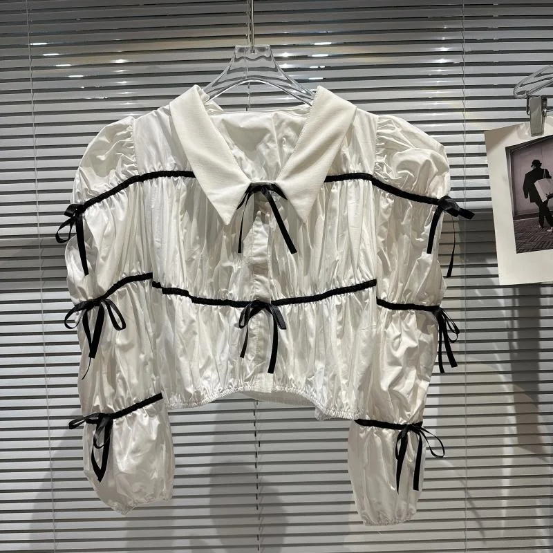 

Женская плиссированная рубашка BORVEMAYS, белая однобортная рубашка с отложным воротником и длинным рукавом, с завязками и бантом, весна 2023