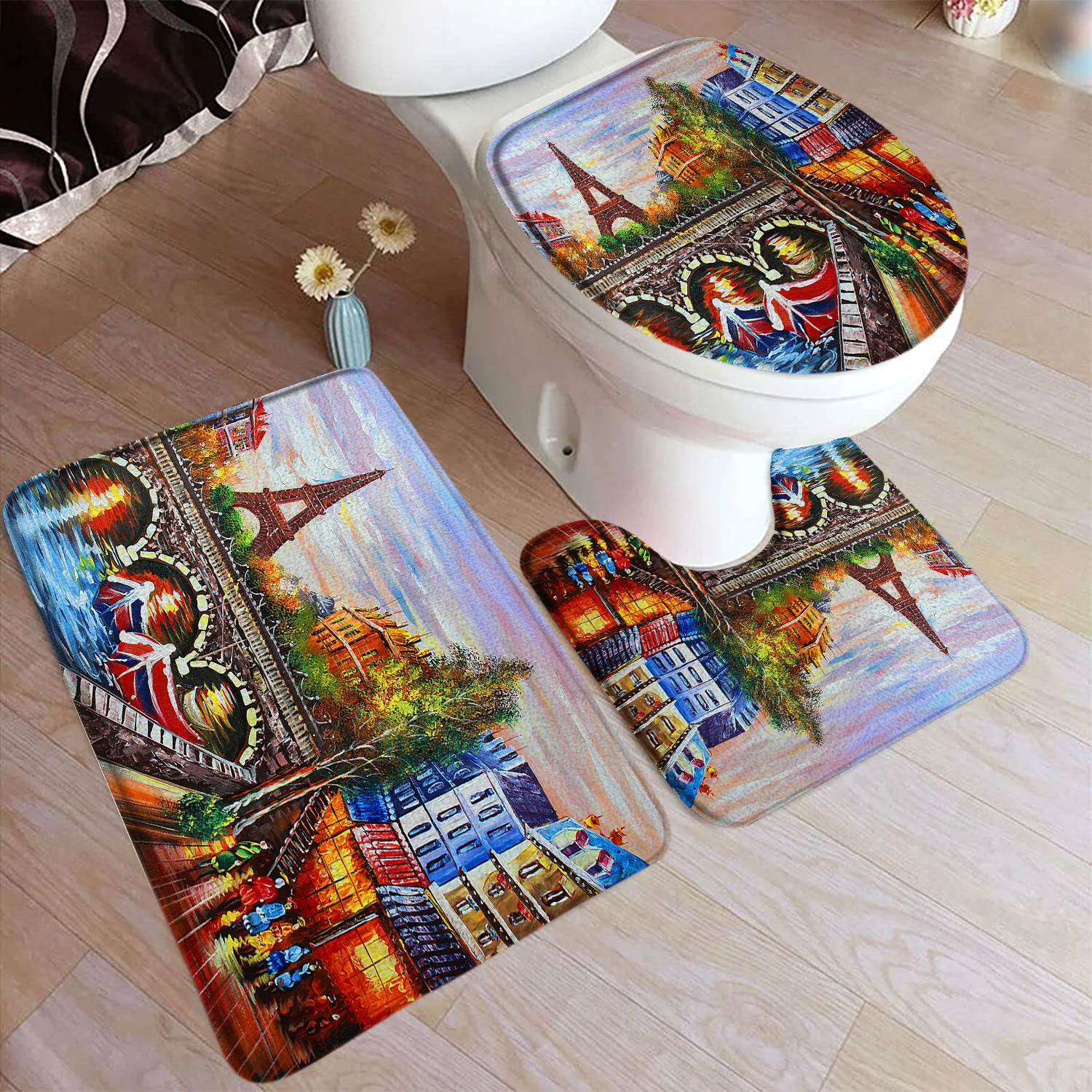 

France Oil Painting Landscape Bath Mat Set Modern Art Home Bathroom Decor Soft Non Slip Floor Rug Shower Carpet Toilet Lid Cover