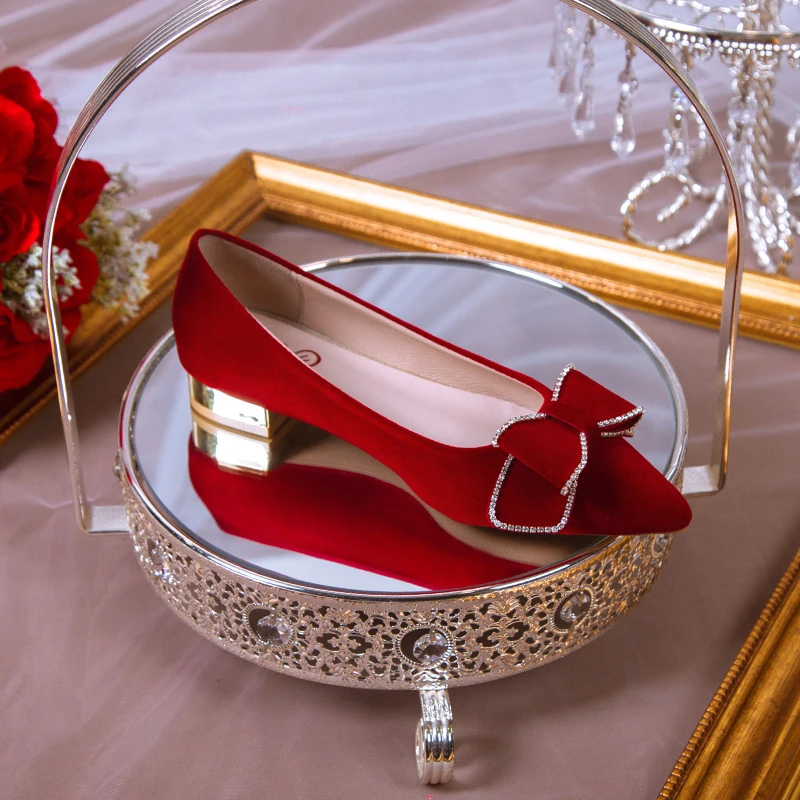 

New Fashion Women's High Heels Pointed Toe Shallow Mouth Square Heel Wine Red Slip-on Wedding Shoes Bow with Drill Low Heel