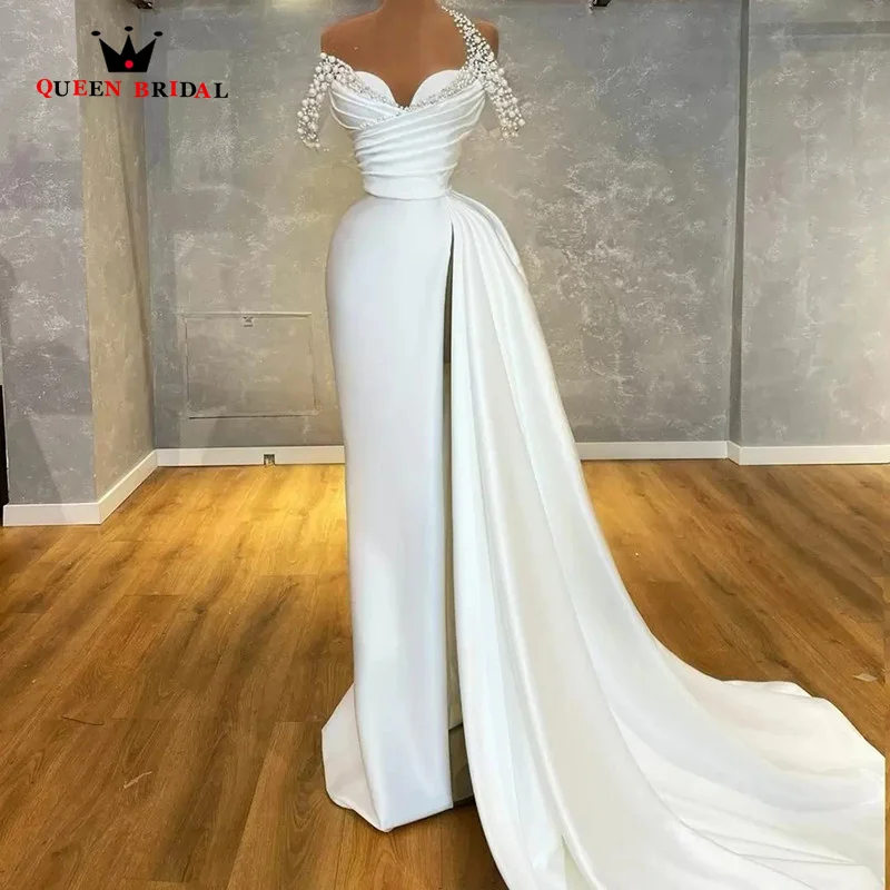 

Exquisite Ivory Satin Prom Dress Asymmetrical Neck Pearls Pleat Special Occasion Gown High Slit Evening Dress Robe De Fete IO06