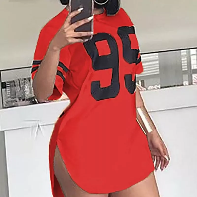 

2022 New Number Print Short Sleeve Dresses for Women Summer Casual Solid O-neck Dresses New Loose White Dress Sundress Robe Mini