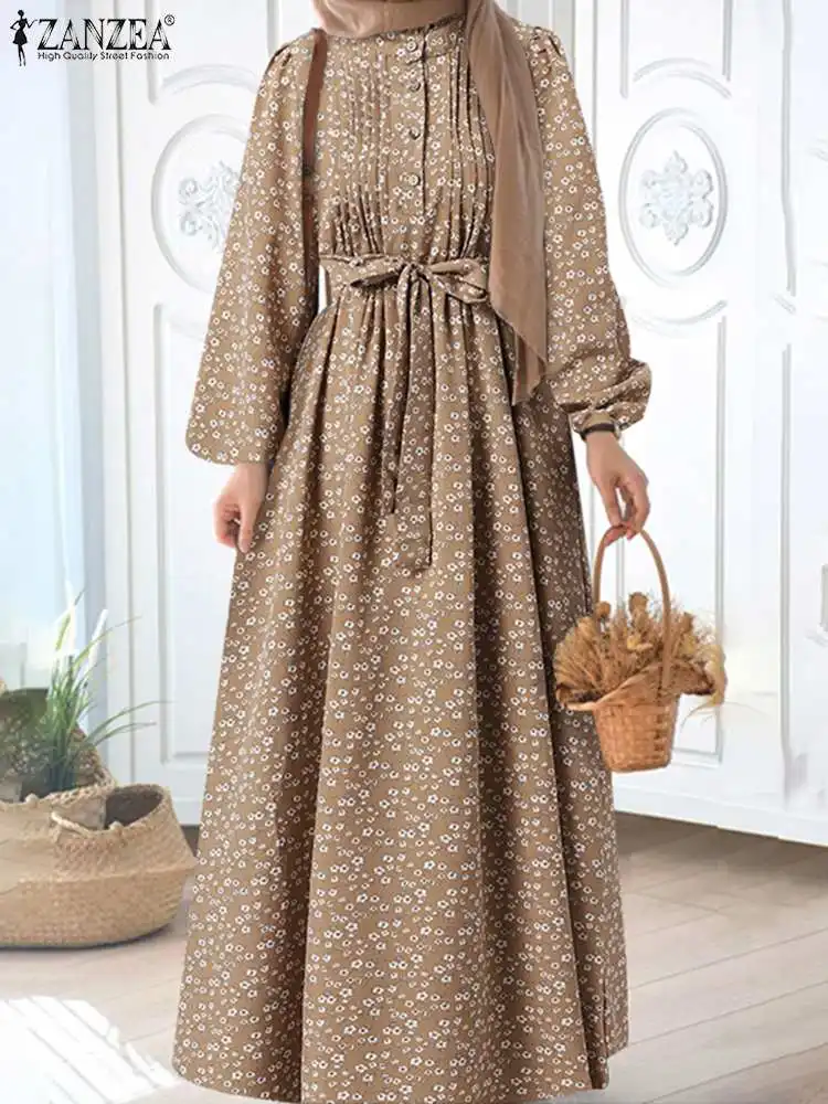 

ZANZEA Floral printed Puff Sleeve Kaftan Robes Women Muslim Dress Femme Elegant Casual Oversized Holiday Abaya Kaftan Dresses