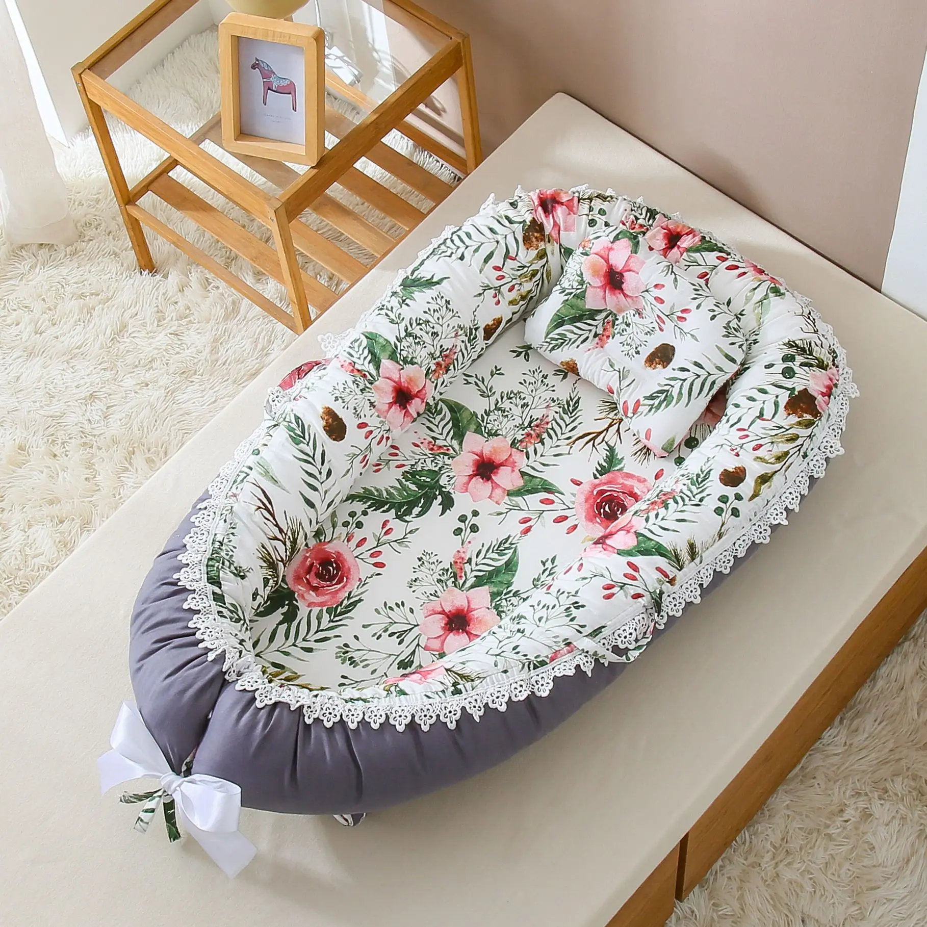Cotton Co-Sleeping Baby Bed with Pillow Portable 0-12 Months Newborn Lounger Breathable Sleeper Nest Play Mat Infant Floor Seat