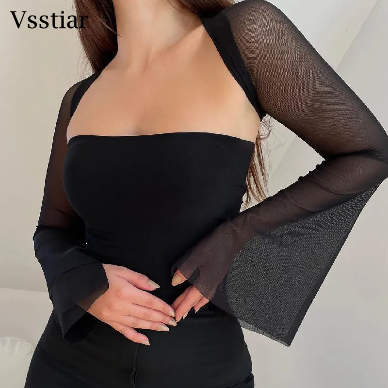 

Vsstiar Long Flare Sleeve Women Shirts Sexy Slash Neck Slim Autumn Crop Top Black Green Brown Fashion Hotsweet Tube Tees