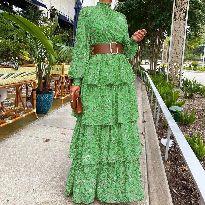 

New Fashion Spring Women Lantern Sleeve Half High Neck Floral Dress Elegant Cascading Ruffle Ruffle Cake Long Dress Lady Mujers