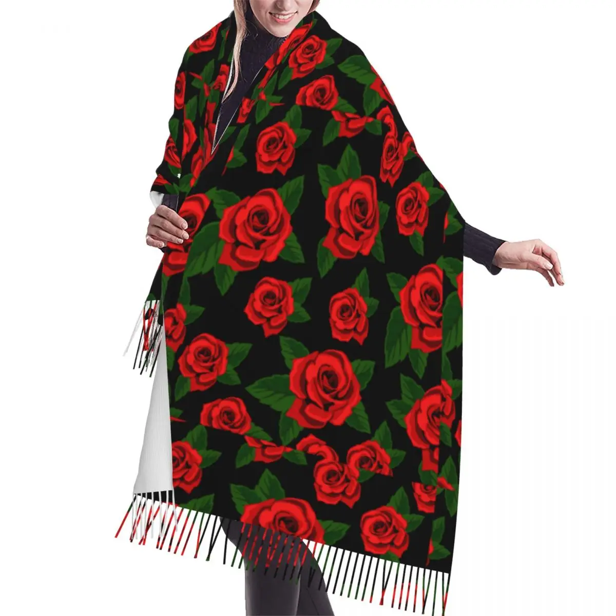 

Red Roses With Green Leaves Winter Scarf Shawls Wrap Women Men Warm Bufanda Tassel Scarves