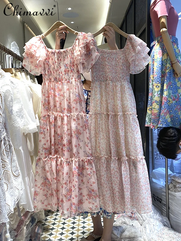 

2022 Summer New Korean Style Fashion Mesh Ruffled Floral Dress High Waist Slimming Temperamental Fairy Mid-length Women's Dress