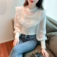 design niche women blouse beading patchwork stitching lantern sleeves female 2022 fungus edge slim knitted sweater top mujer