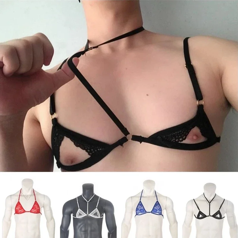 

Mens Sexy Lace Bra Bikini Tops Erotic Open Nipples Male Gay Sissy Lingerie Bralette Men Wire free Bra Tops with Adjustable Strap