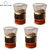 24pc japanese style glass cup set walnut cup holder coffee milk drinking glasses mug set office home teacup drinkware