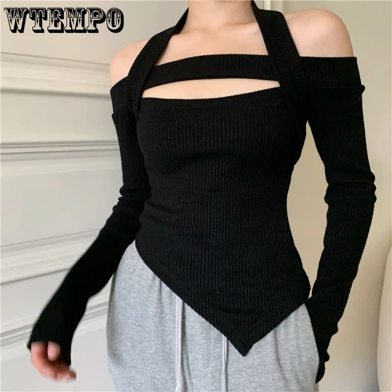 

Sexy Women T-shirt Knit Long Sleeve Tops Hollow Halter Slim Irregular T Shirt Solid Tee Tops Streetwear Drop Shipping