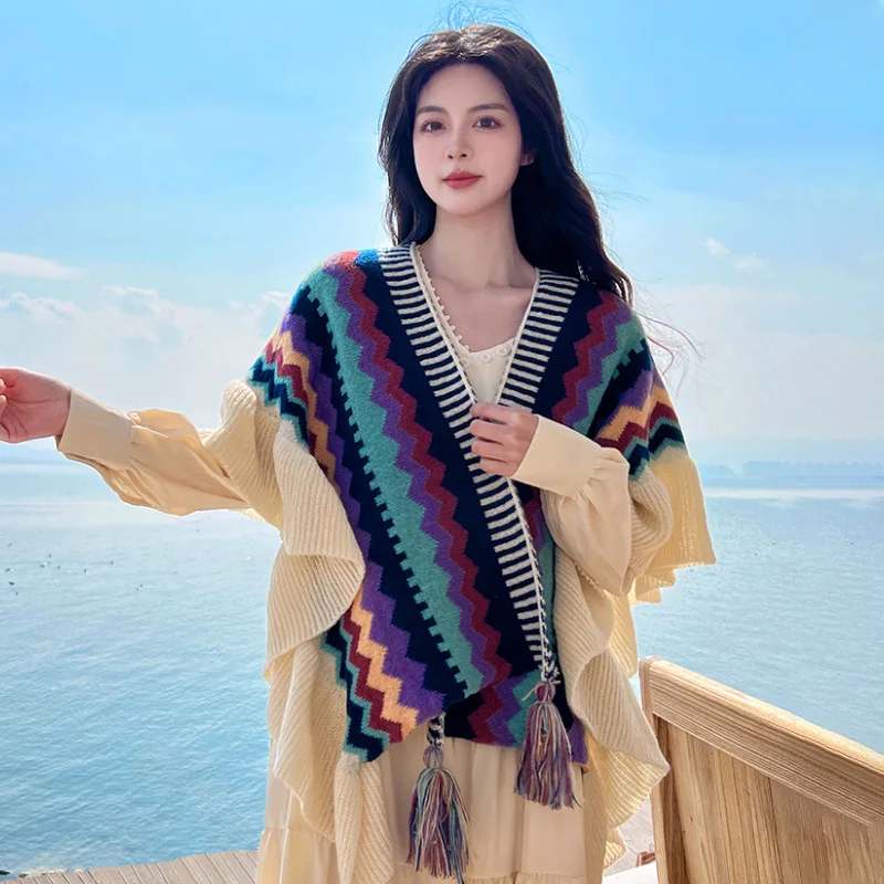 Женские теплые шали накидки вязаный свитер в этническом стиле пончо с кисточками