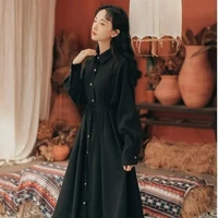 womens black gothic dress korean autumn loose polo collar vintage party dresses female clothing long dress goth robe longue 2022
