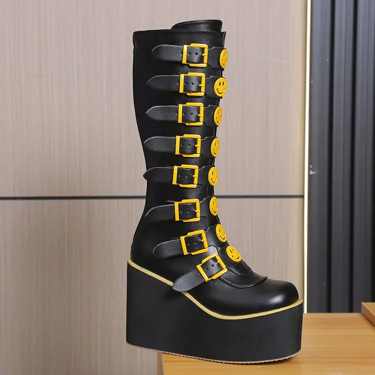New Wedges Heels Women's Boots Fashion Metal Buckle Knee High Boot Punk Shoes Women Platform Gothic |