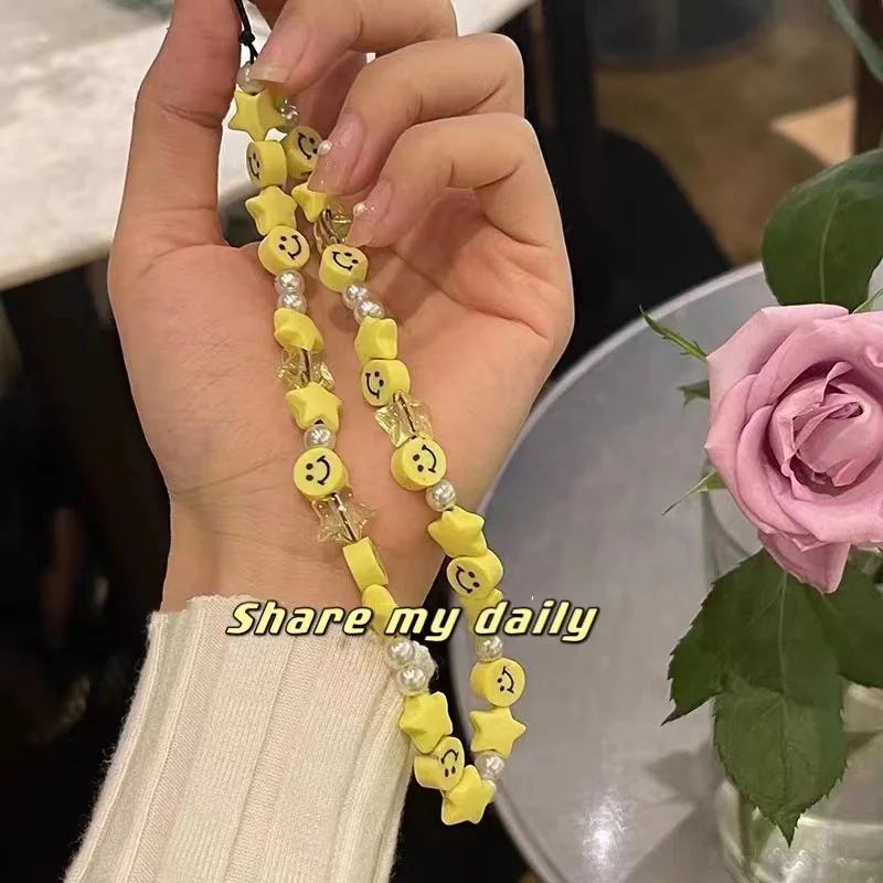 

Pop Acrylic Smiley Mobile Phone Chain Style Pearl Frosted Pentagram Geometry Multi-color Choice Key Anti-lost Bracelet Female
