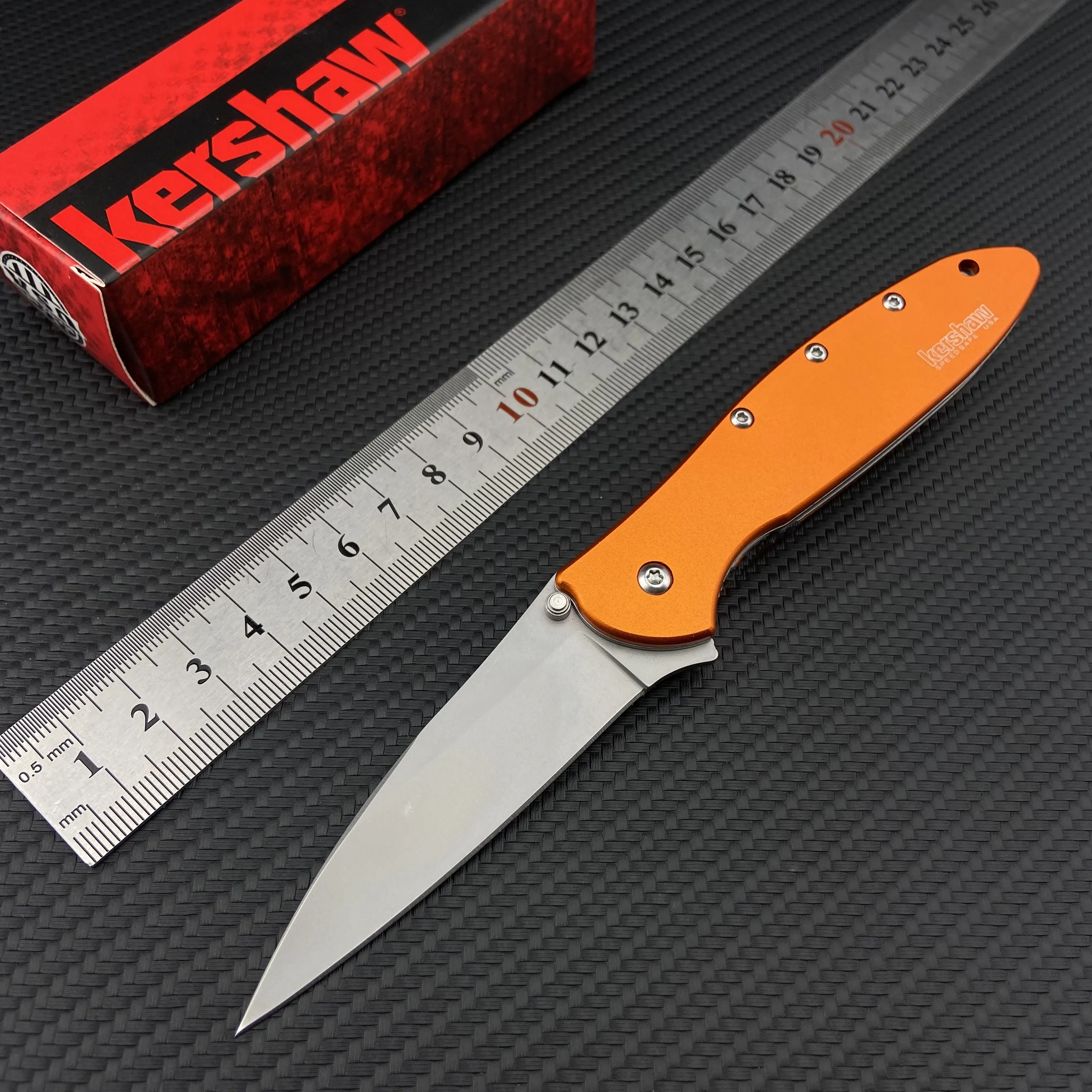 

Kershaw 1660 Ken Onion Leek Assisted Flipper Knife 3" Plain Blade, Orange / Green Handle Outdoor Pocket Folding Knives Gifts Box