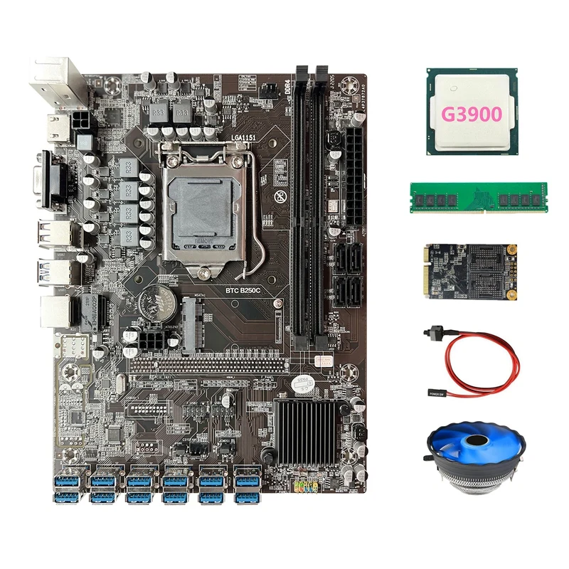 

B250C ETH Miner Motherboard+G3900 CPU+Fan+DDR4 4GB 2666Mhz RAM+128G SSD+Switch Cable 12USB3.0 GPU Slot For BTC