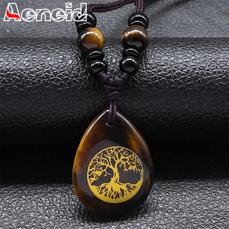 

Tree of Life Water Drop Tiger Eye Pendant Necklace Women Weaving Rope Beads Natural Stone Necklaces Reiki Healing Jewelry NB512S