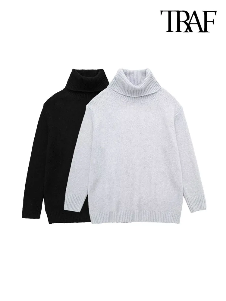 

TRAF Women Fashion Thick Warm Oversized Knit Sweater Vintage Turtleneck Long Sleeve Female Pullovers Chic Tops