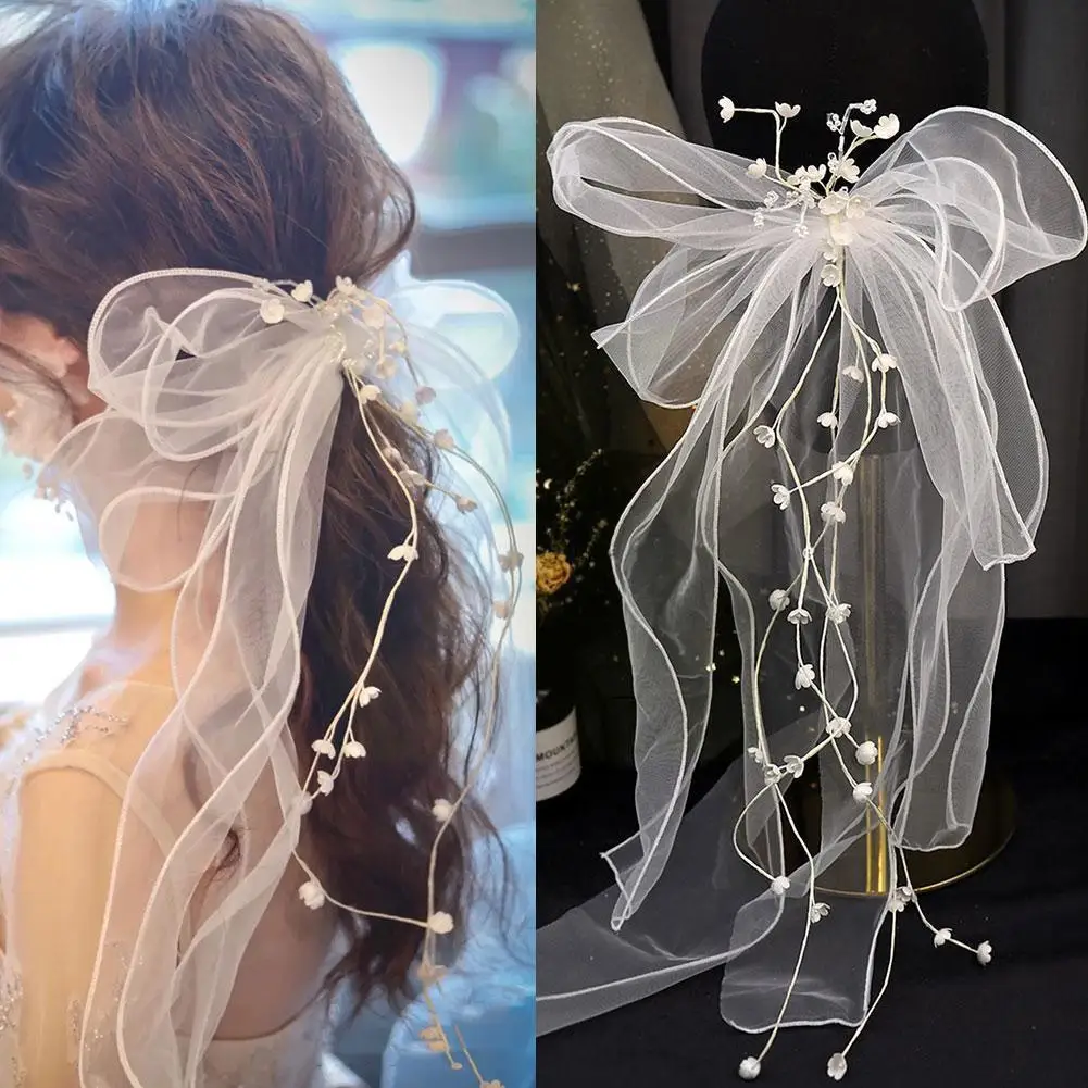 

Bride Wedding Dress Headdress Net Yarn Handmade Veil Beautiful Clip Temperament Wave Mesh Veil White Clips Side Bow Hairpin S4Q4