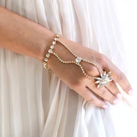 elegant rhinestone bridal finger chain bracelet wedding hand jewelry for women crystal flower finger ring wrist bracelet bangle