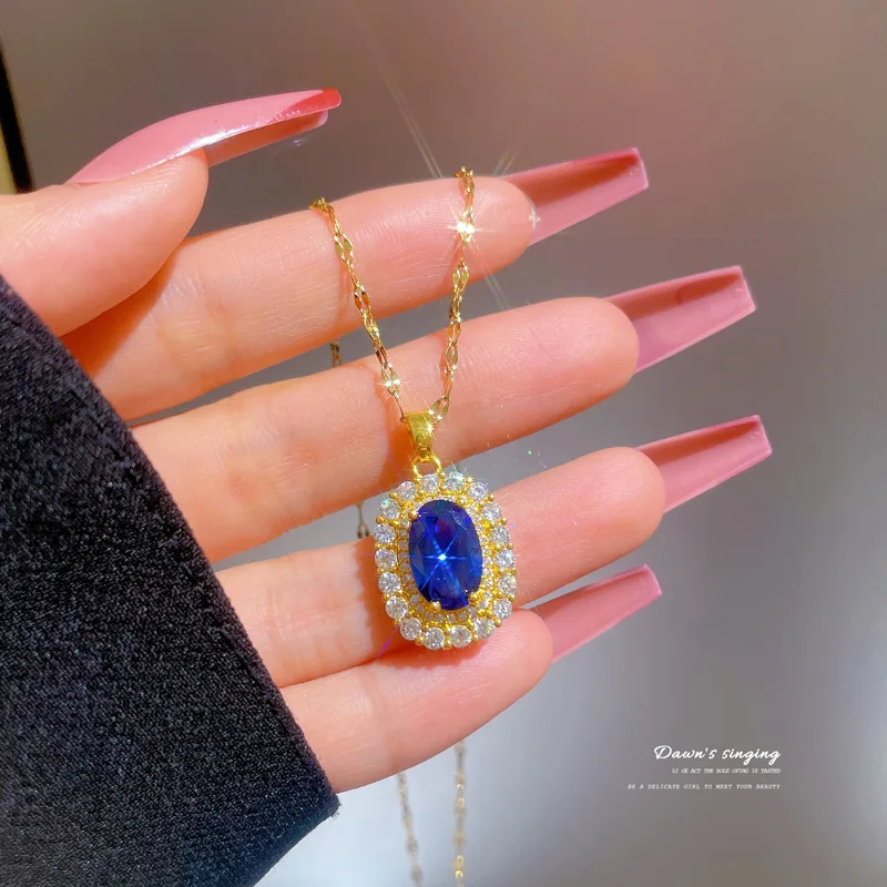 

[Titanium Steel] Light Luxury Micro Gold Zircon Sapphire Necklace For Women's New Clavicle Chain Light Luxury Niche Design