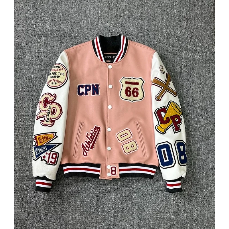 

Hip Hop Genuine Leather Jacket Men 100% Cowhide Pink Luxury Letter Embroidery Short Biker Baseball Jackets Heavy Industry 2023