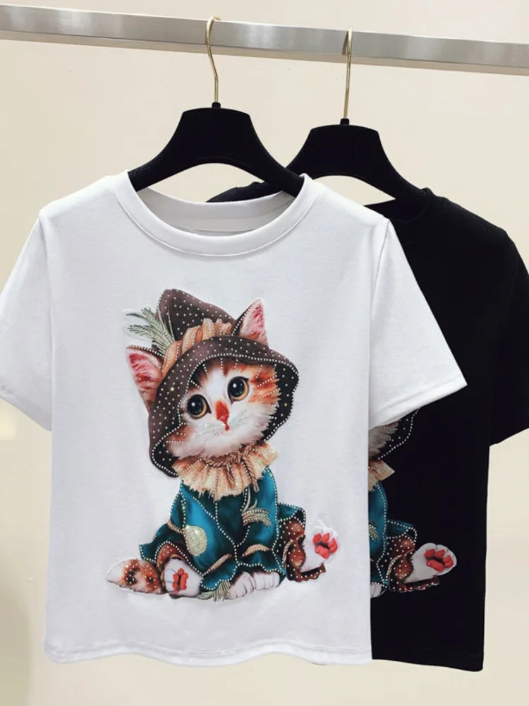 

Женская хлопковая футболка с коротким рукавом, Повседневная Свободная футболка с мультяшным принтом в Корейском стиле, Новинка лета 2022