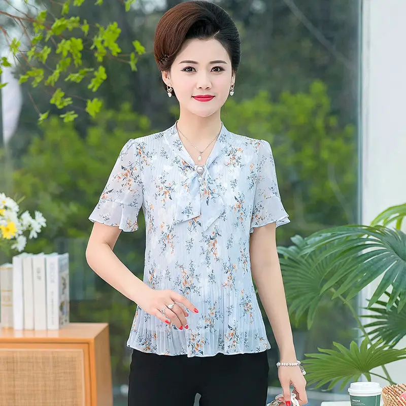 

Summer Chiffon Women Fashion Print Folds Shirts Loose Blouses Bow-Knot Short Sleeve Casual Tops Large Size Blusas