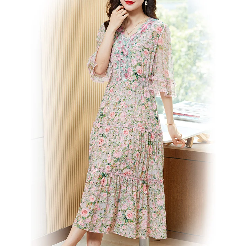 

Silk dress spring and summer 2022 new women's high-end temperament print stunning and slim dresses