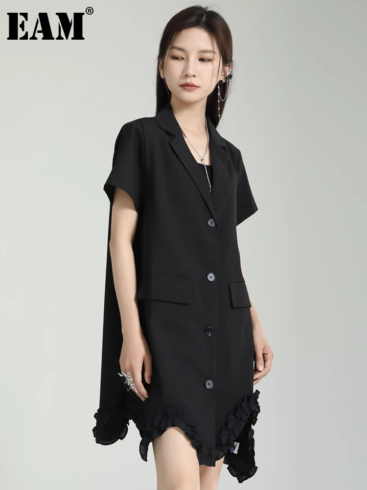 

[EAM] женский черный блейзер с оборками, большой размер, платье миди, новинка, с отворотом, с коротким рукавом, свободный крой, мода весна лето ...