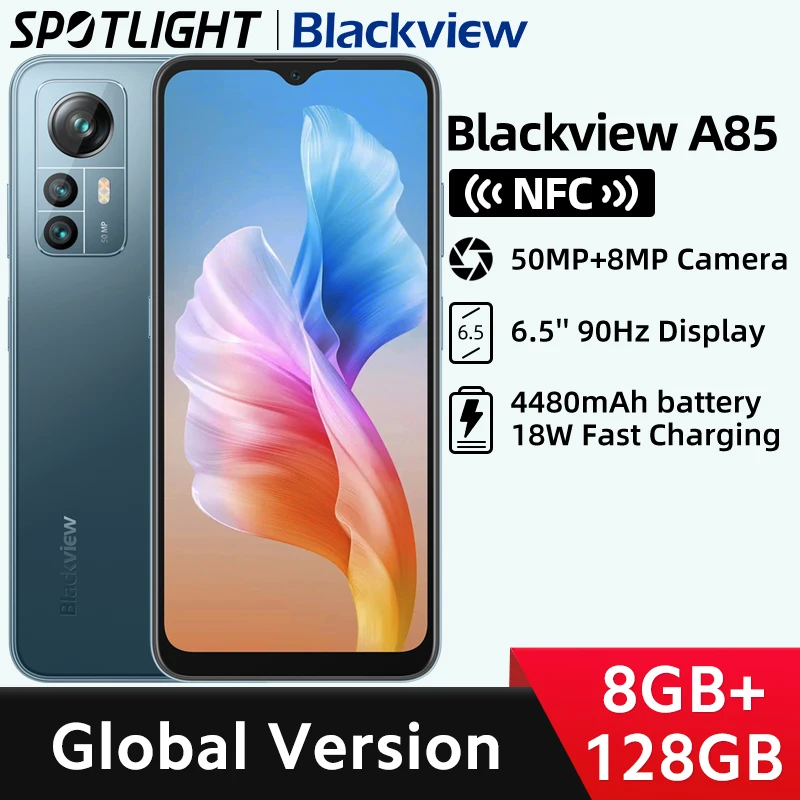 【World Premiere】 Blackview A85 Global Version 8GB 128GB 6.5'' HD+ 90Hz Display 50MP Camera 4480 mAh Battery NFC Smartphone