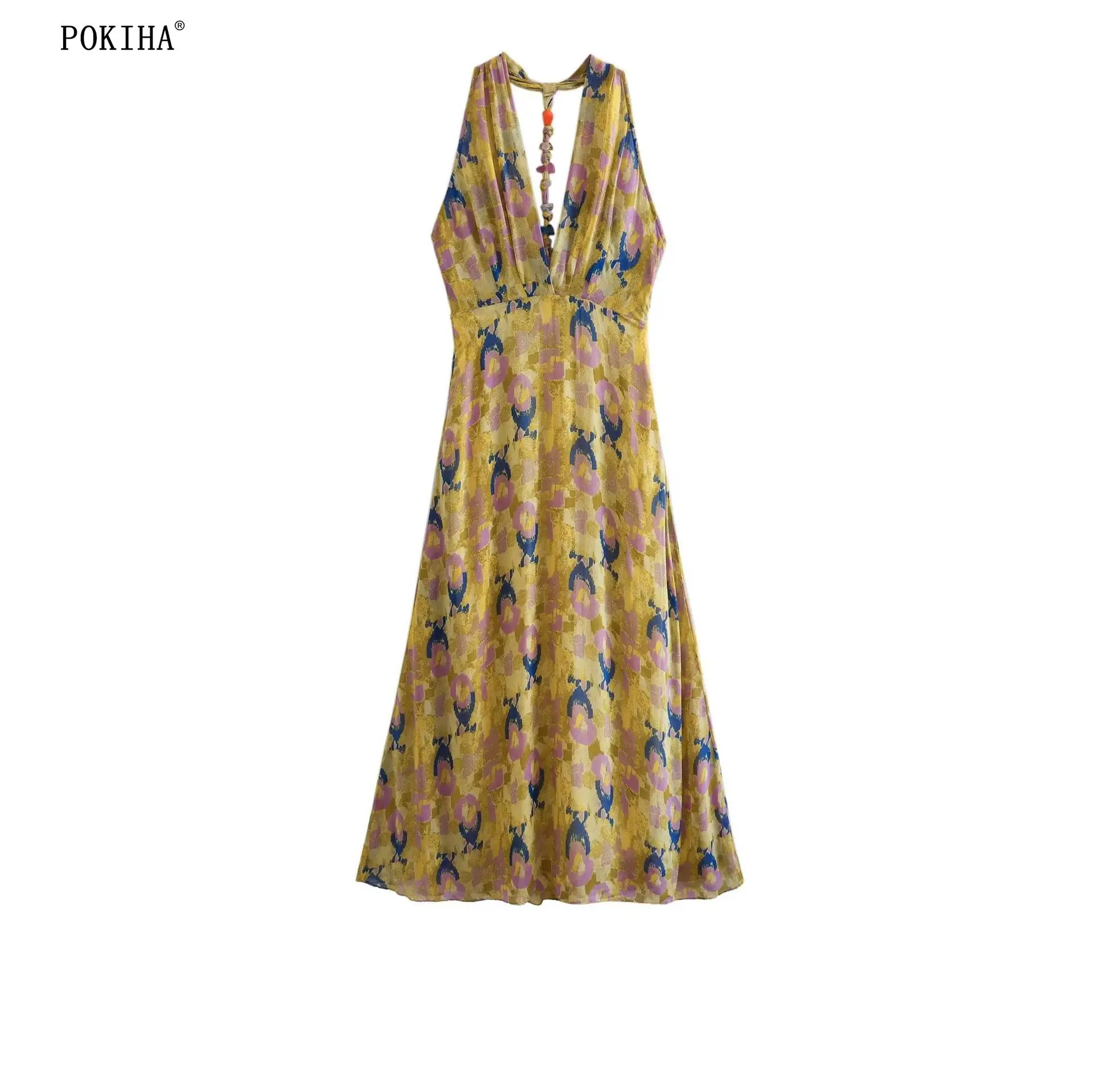 

Pokiha 2023 пикантное летнее винтажное платье миди с открытой спиной на бретельках с лямкой на шее шикарное элегантное женское праздничное облегающее платье без рукавов с бисером