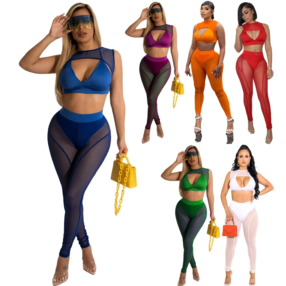 

Perspective Women's Trousers 2piece Set Suspender Bra Sexy Navel Exposed Nightclub Party Dress Top 2022 Summer Women's Mesh Suit