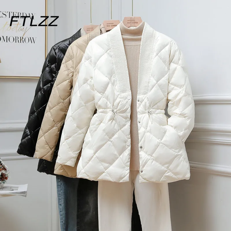 

Women Elegant White Duck Down Jacket 2021 New Korean Fashion V Neck Slim Bandage Lightweight Down Coat and Parka Warm Outwear