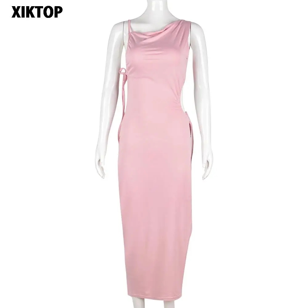 

Xiktop Elegant Sexy Long Dresses for Youth Women Side Split Round Hollow Out Lace Diagonal Collar Streetwear Lolita Style Dress