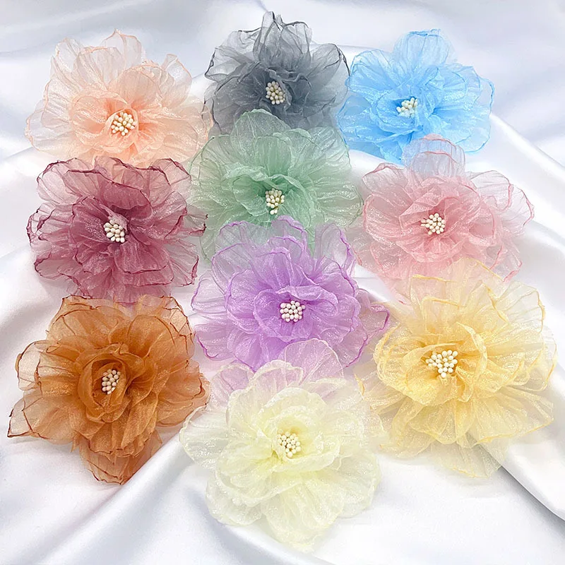 

10PCS/Lot 9CM Handmade Chiffon Fabric Artificial Flower For Wedding Dress Hats Decoration DIY Sewing Applique