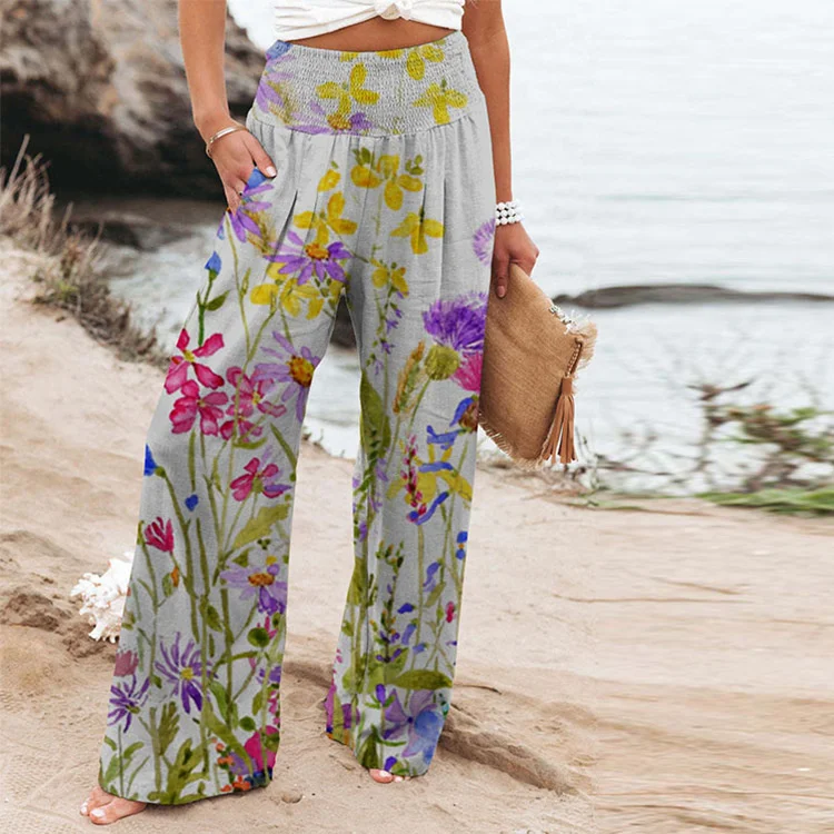 

Women's Elastic Printing High Waist Pocket Casual Wide Leg Pants