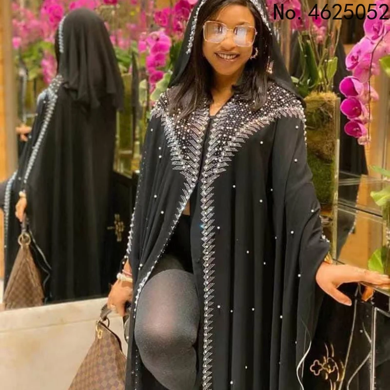 

Muslim Kaftan Embroidery Diamnnd Dress Kimono Women Open Abayas Turkish Stones Chiffon Hooded Elegant African dress