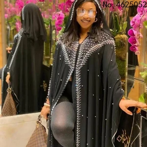 Muslim Kaftan Embroidery Diamnnd Dress Kimono Women Open Abayas Turkish Stones Chiffon Hooded Elegant African dress