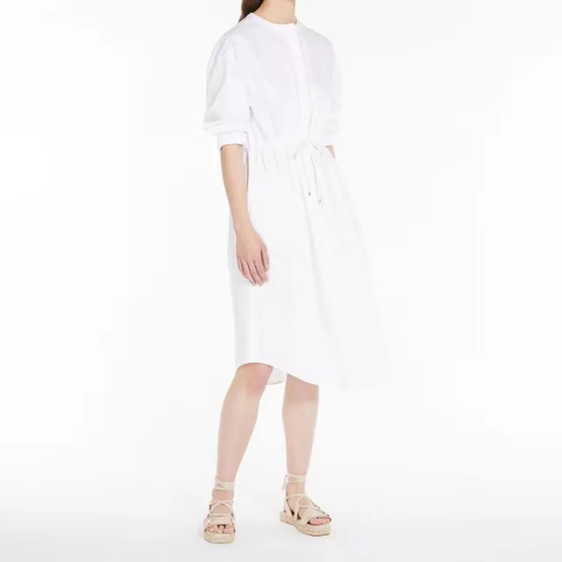 

2023 Spring and Summer New Round Neck Single-breasted Mid-length White Dress Women