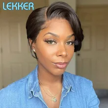 Lekker Short Straight Lace Side Part Pixie Bob Human Hair Wig For Women Colored Dark Roots Brazilian Remy Ombre Blonde Red Wigs